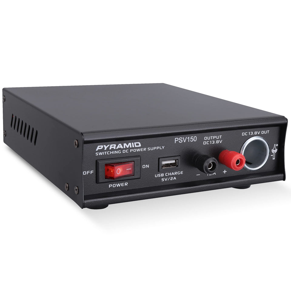 The Pyramid PSV150 front view shows a compact benchtop power supply for electronics projects.