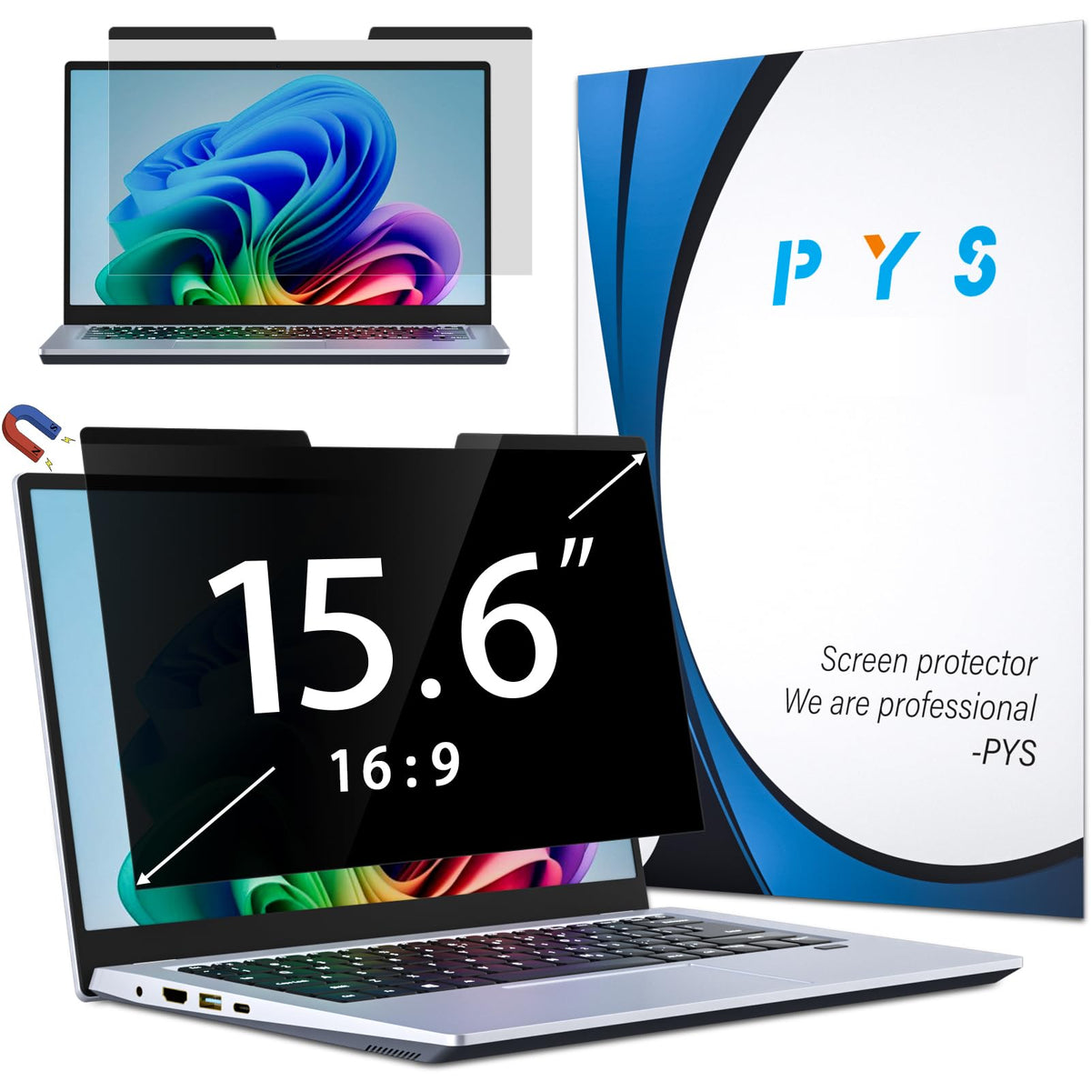 PYS front view of 15.6 inch magnetic privacy filter showing clean fit and protection