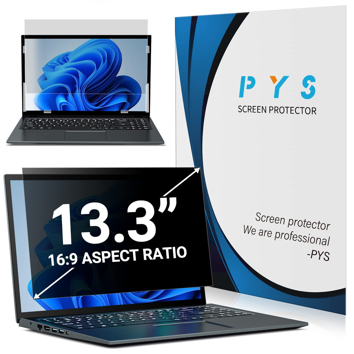 PYS front view of privacy screen packaging showing brand and model for quick identification and benefit