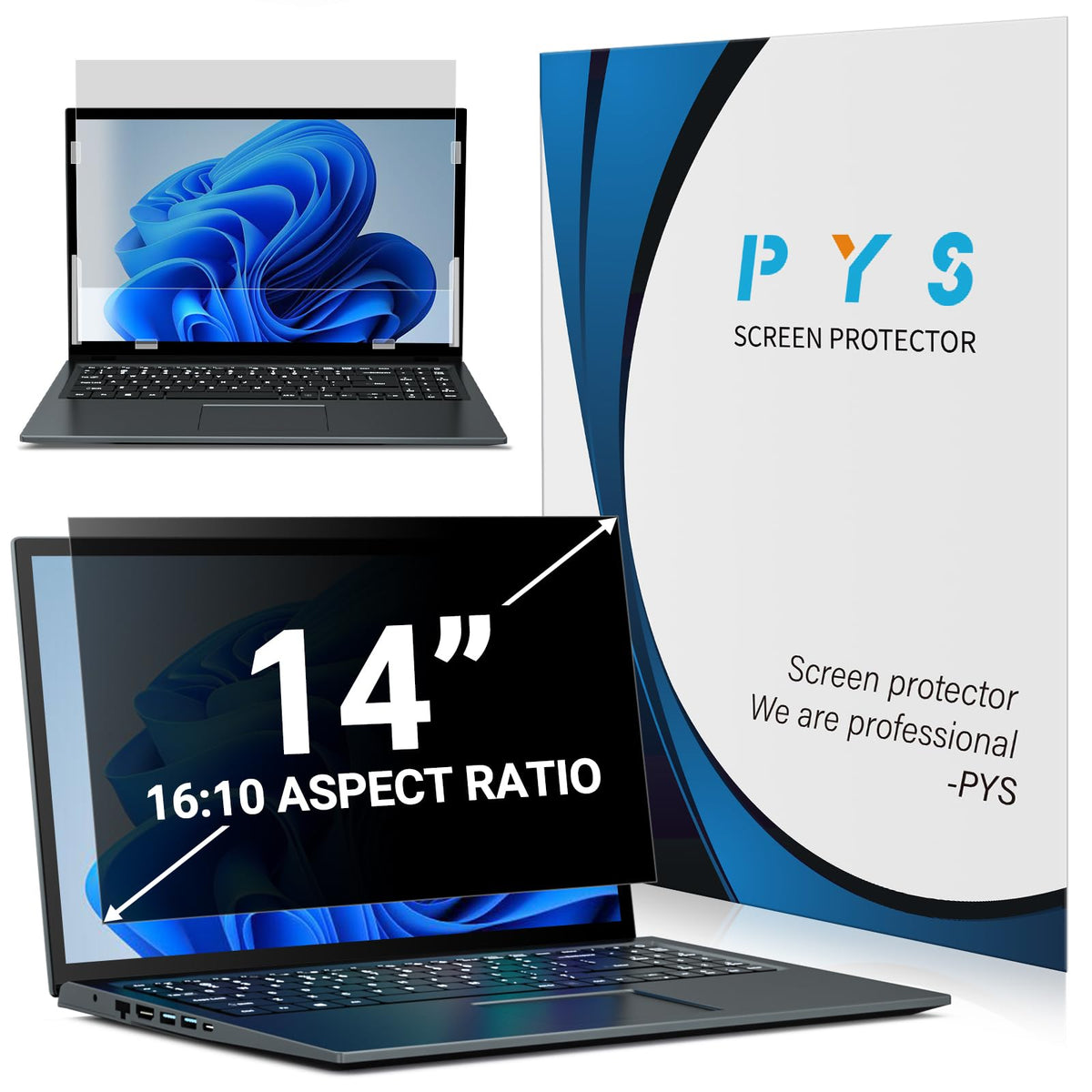 PYS laptop privacy screen 14 inch; compatible with Lenovo, HP, Dell for on-the-go privacy.