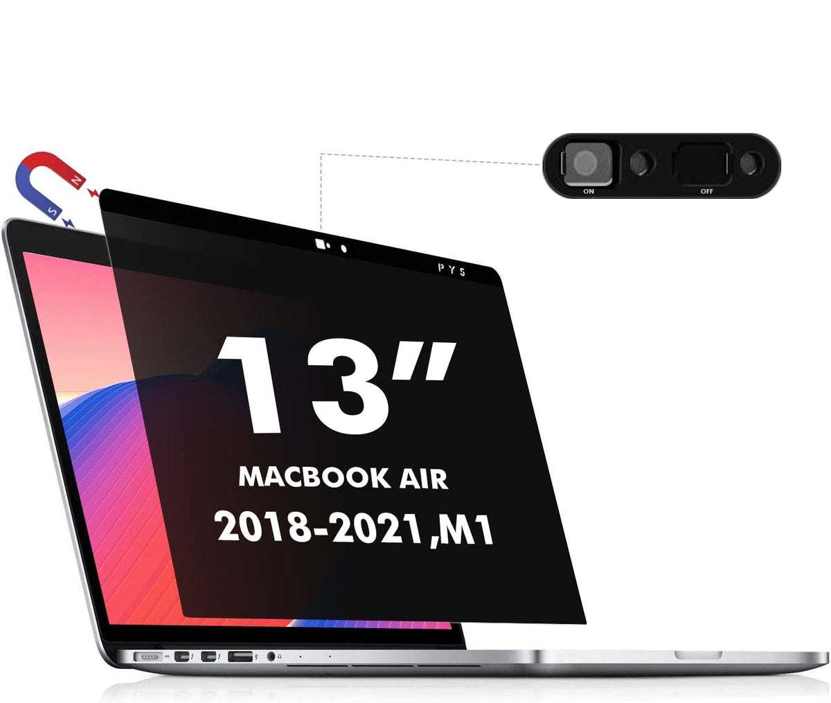 PYS MacBook Air privacy screen front view showing privacy angle reduction for public spaces