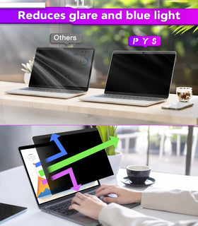 PYS MacBook Air privacy screen in use in a cafe for discreet viewing