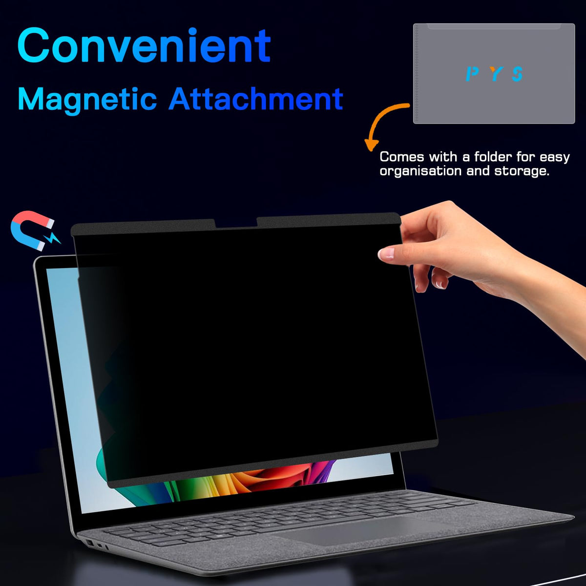 PYS close-up of magnetic edge aligning to Surface Laptop 7 for fast tool-free installation