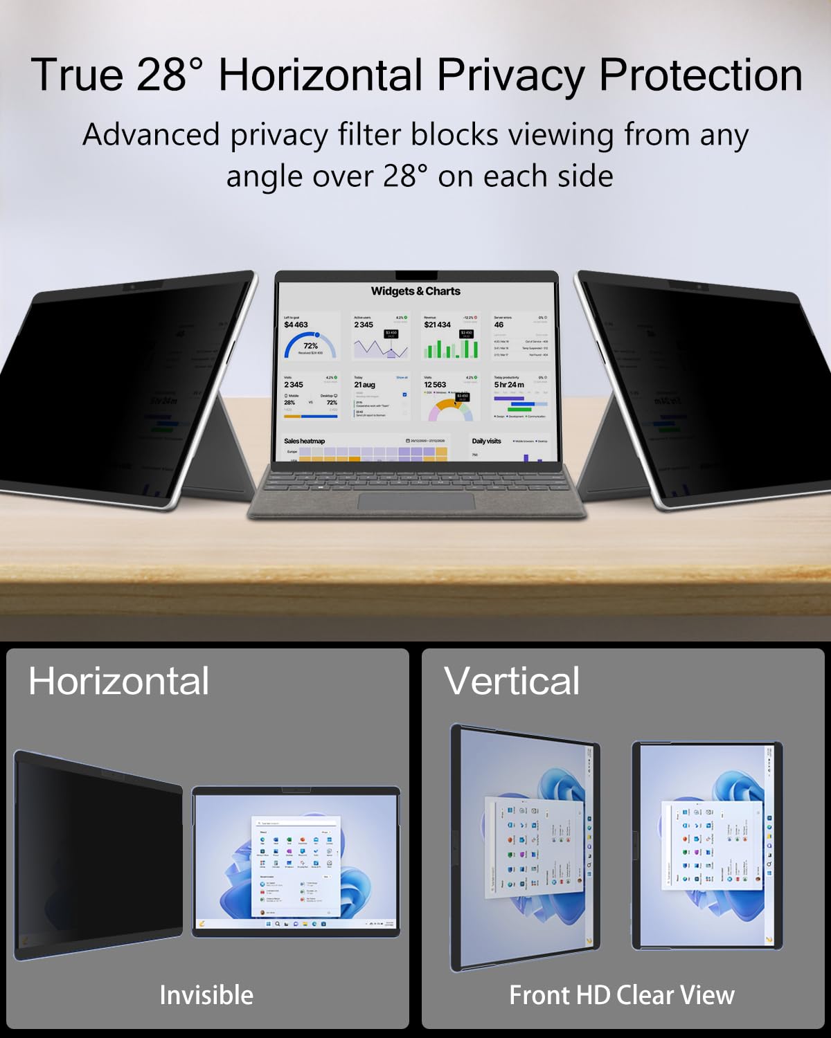 PYS privacy screen on Surface Pro 5 enabling private viewing in public spaces.