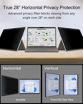 PYS privacy screen on Surface Pro 5 enabling private viewing in public spaces.
