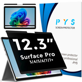 PYS magnetic privacy screen on Surface Pro 7 Plus showing private mode and glare reduction.
