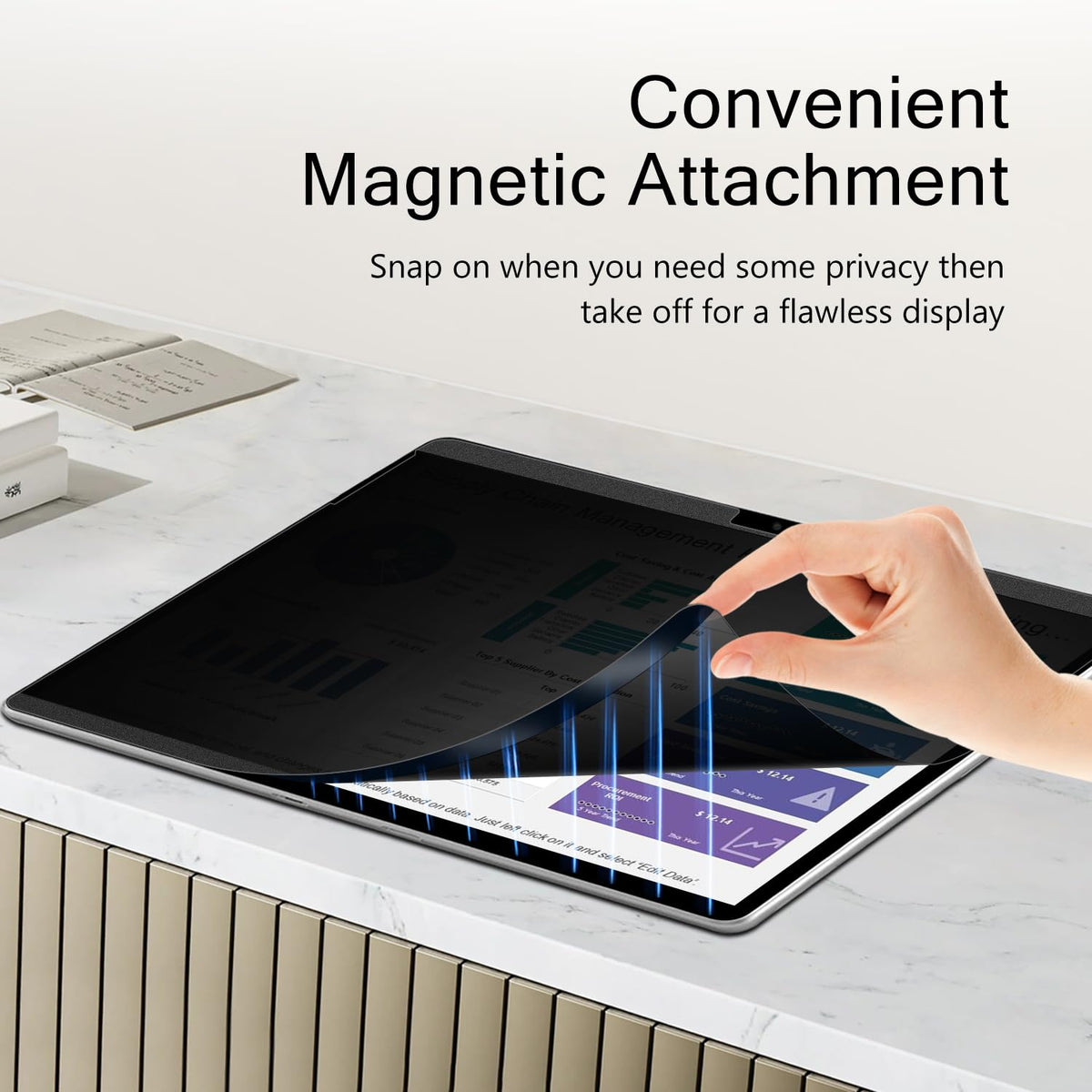 PYS magnetic privacy screen attached to Surface Pro 7 offering detachable privacy and anti-glare.