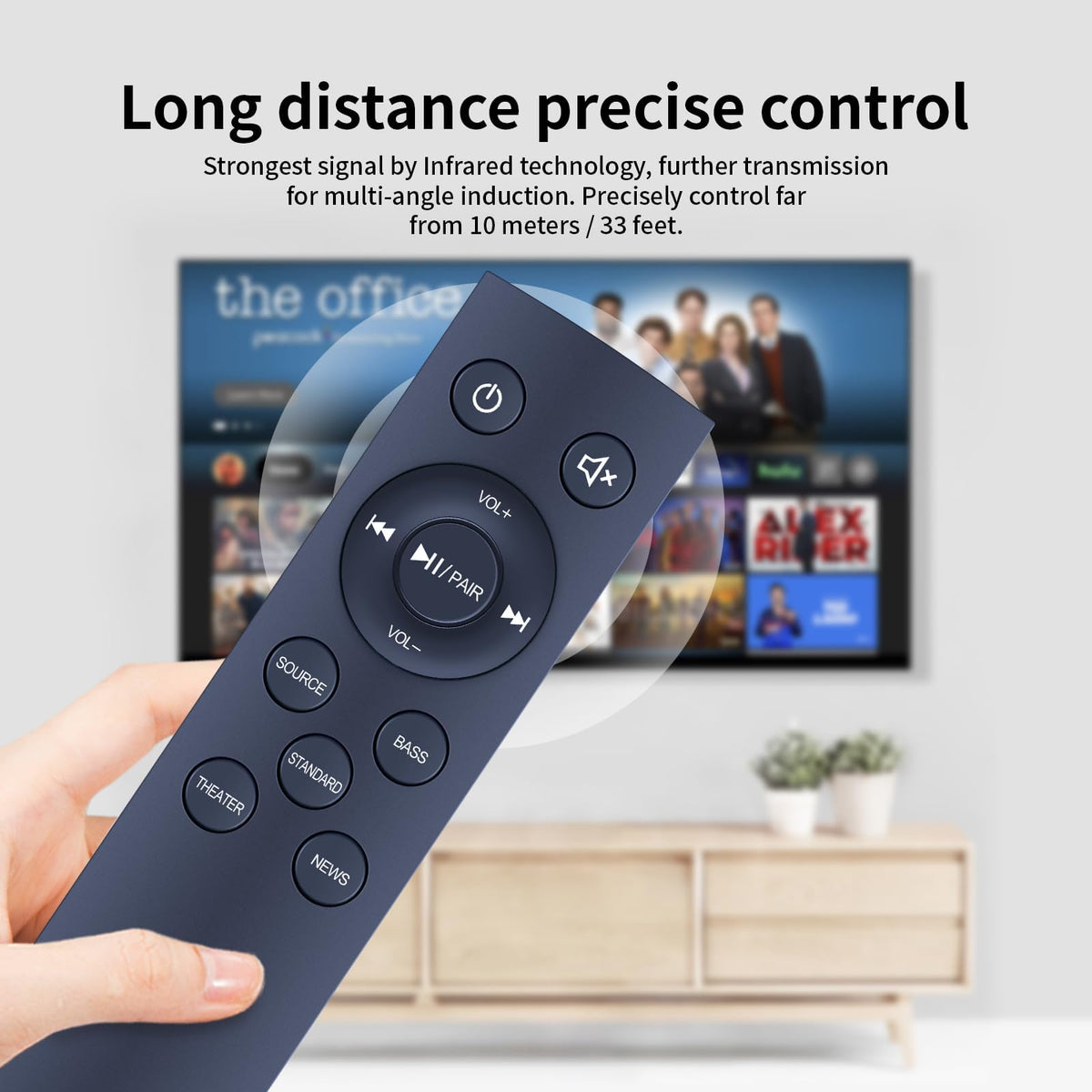 PZL remote pictured with Insignia soundbar demonstrating reliable control