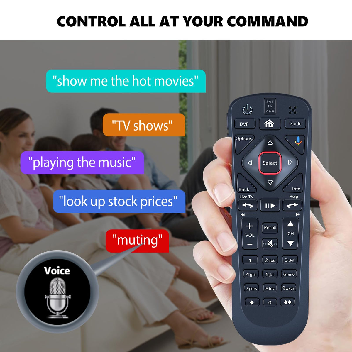 PZL Voice Replacement remote 54-series-3, in-hand usage, supports TV pairing wizard.