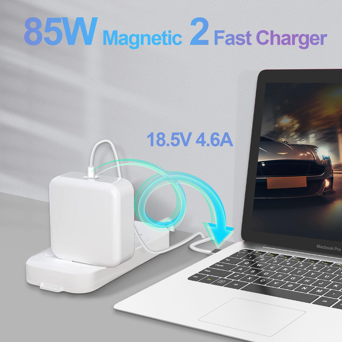 Plug-in setup of the Qacxzer 85W magnetic charger for travel