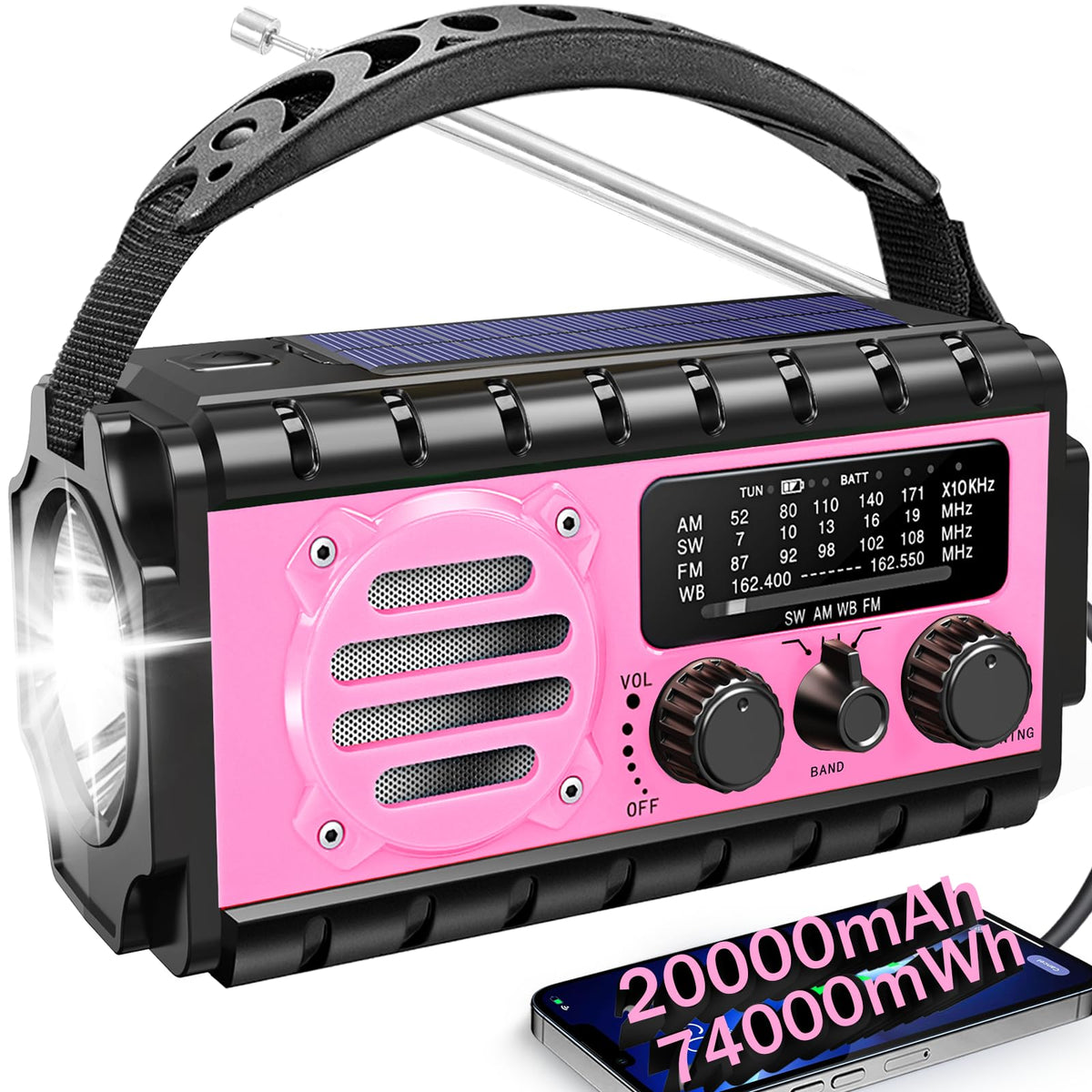 QAUYYW front view pink radio showing controls and speaker for quick access and alerts