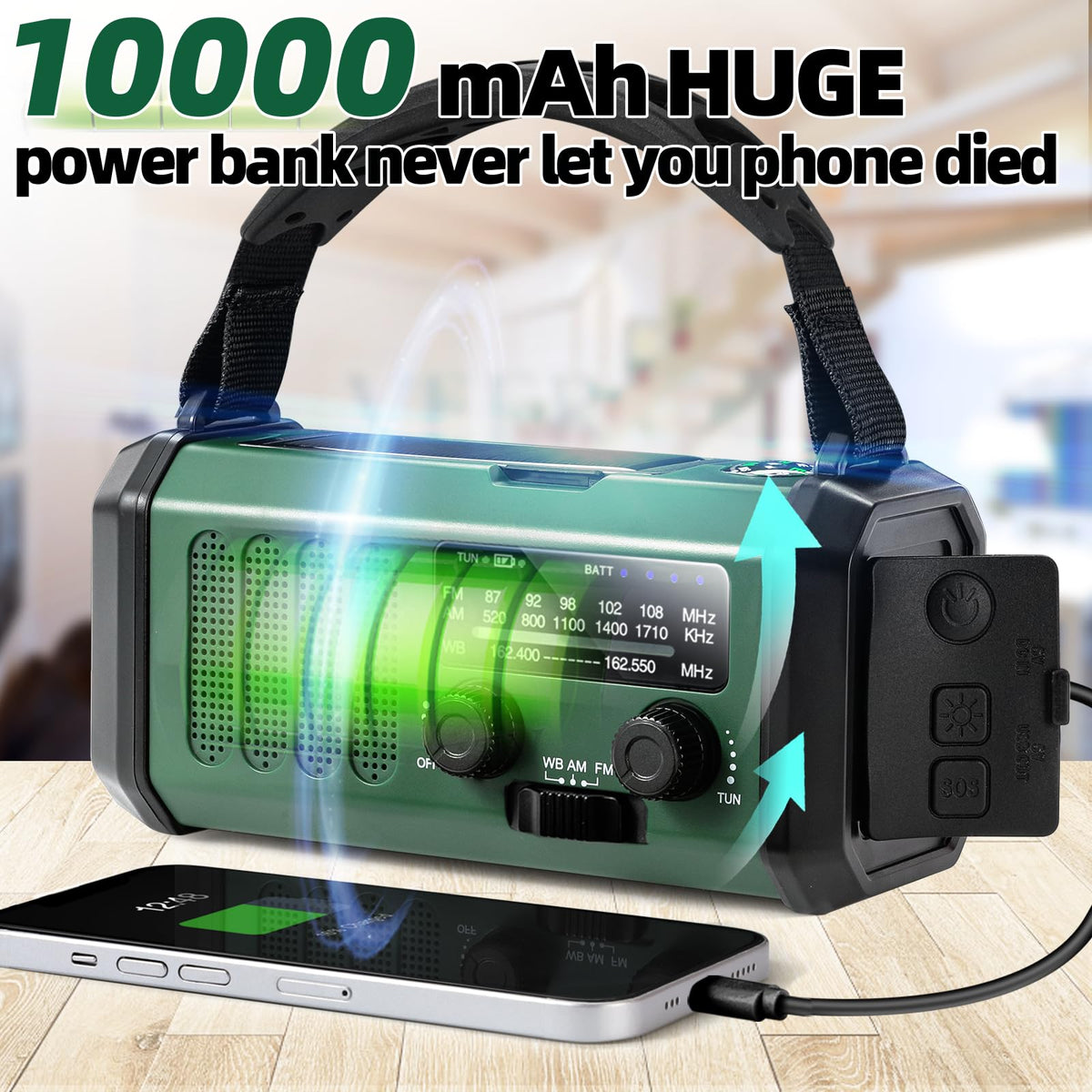 QAUYYW hand crank in use demonstrating manual charging when needed