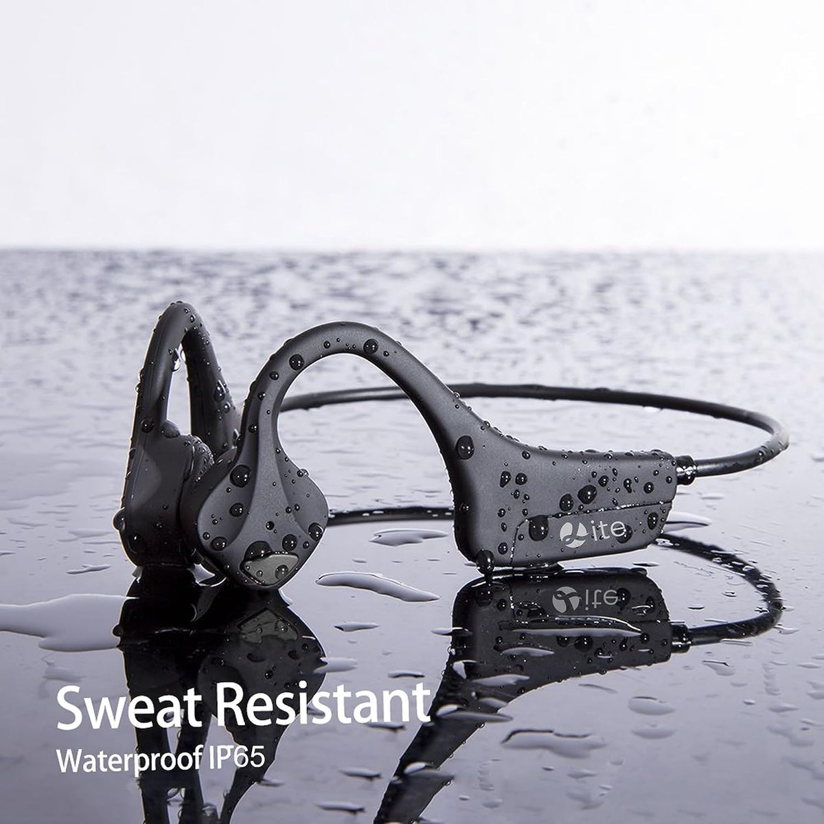 QAZITV headset with water splashes showing IP65 sweat resistance benefit