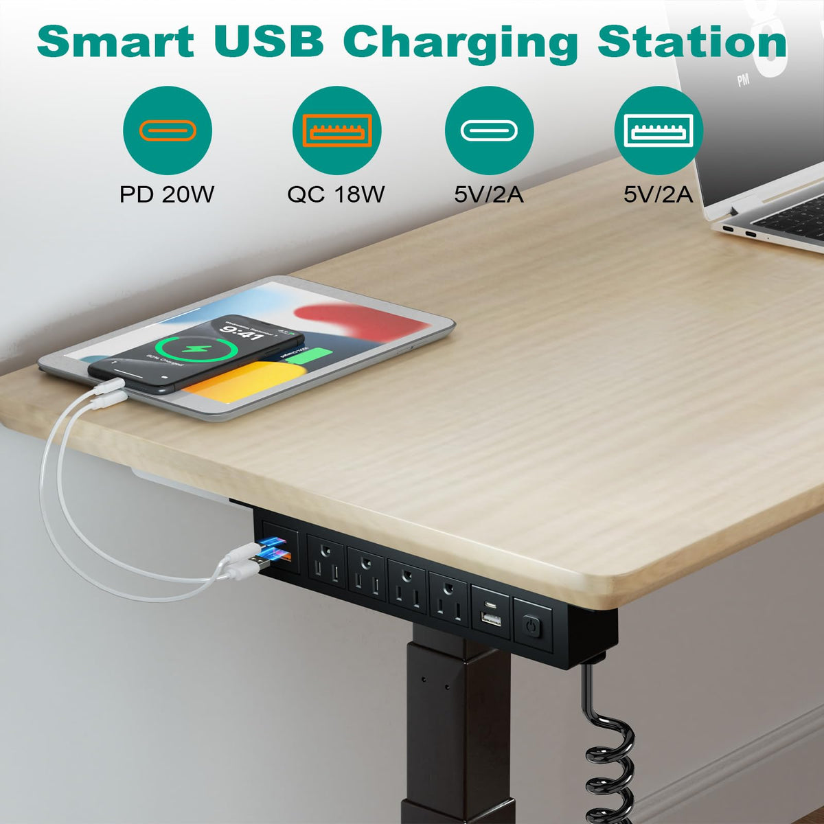 QBA close-up of AC outlets and USB ports showing versatile charging options benefit