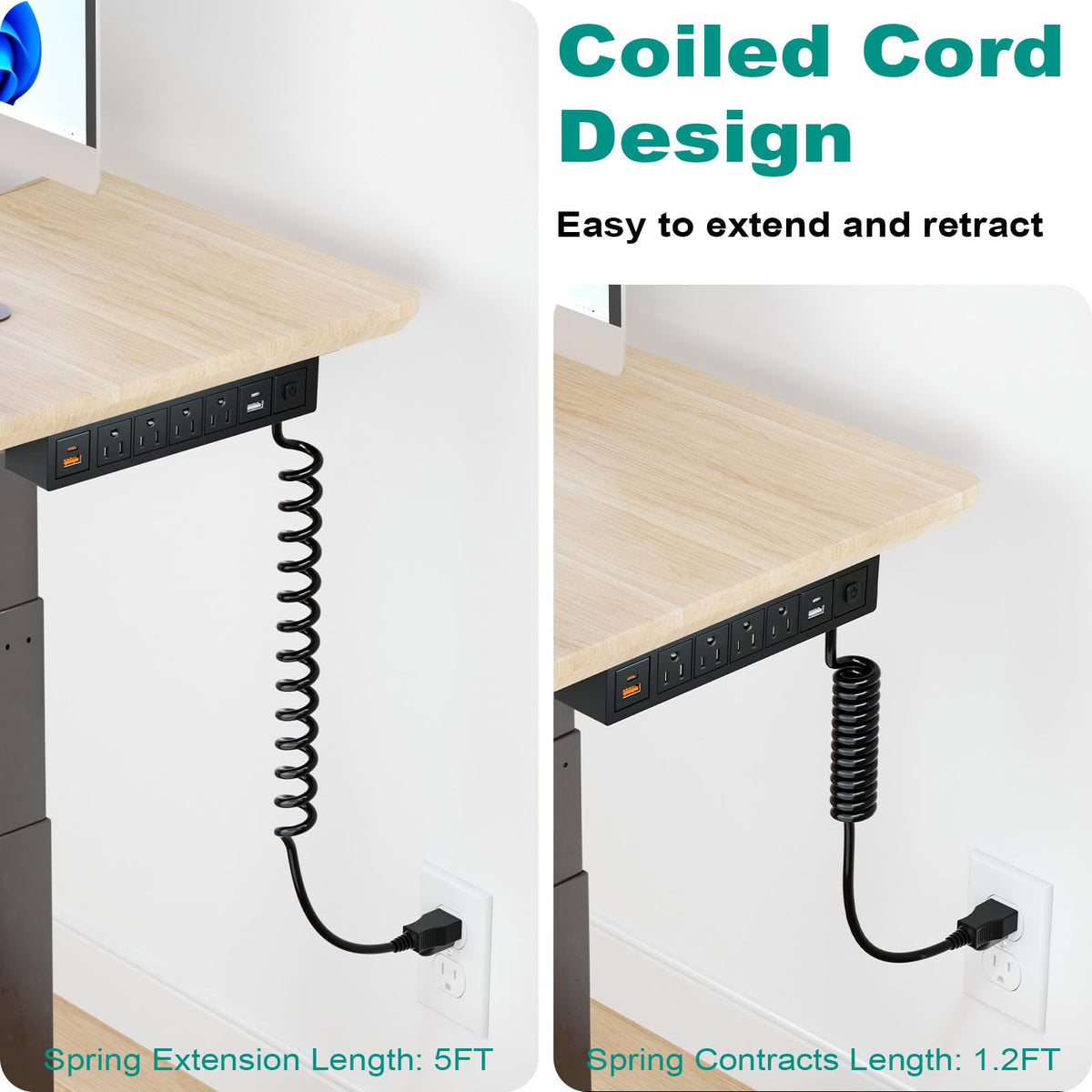 QBA close-up of 5ft coiled spring cord showing flexible cable management benefit