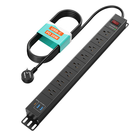 QBA front view metal power strip showing outlets and USB ports for organized power