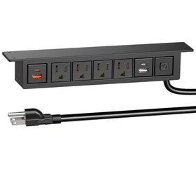 QBA front view mounted under desk showing tidy power access and organization
