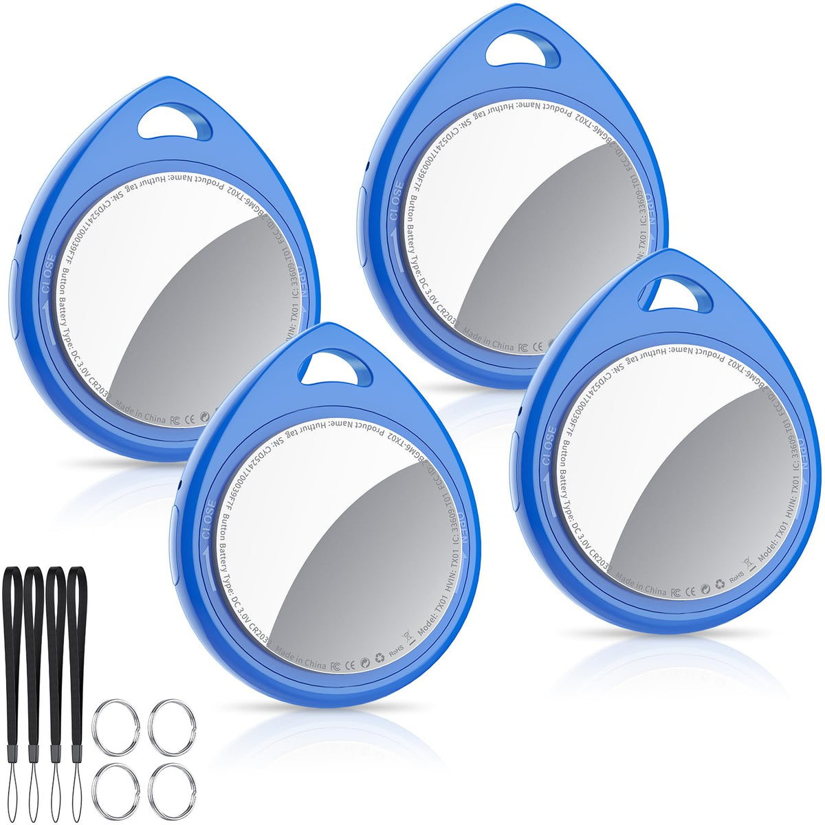 QCOQ Air Tracker Tags 4-pack blue front view, compact tracker for daily keys.