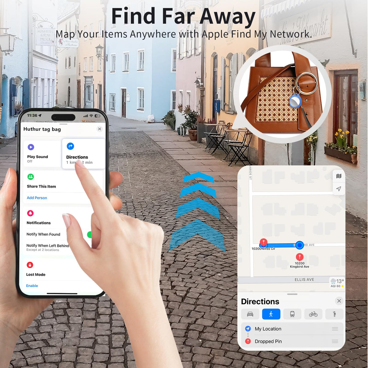 Wallet tracker use showing real-time location with iPhone Find My integration.