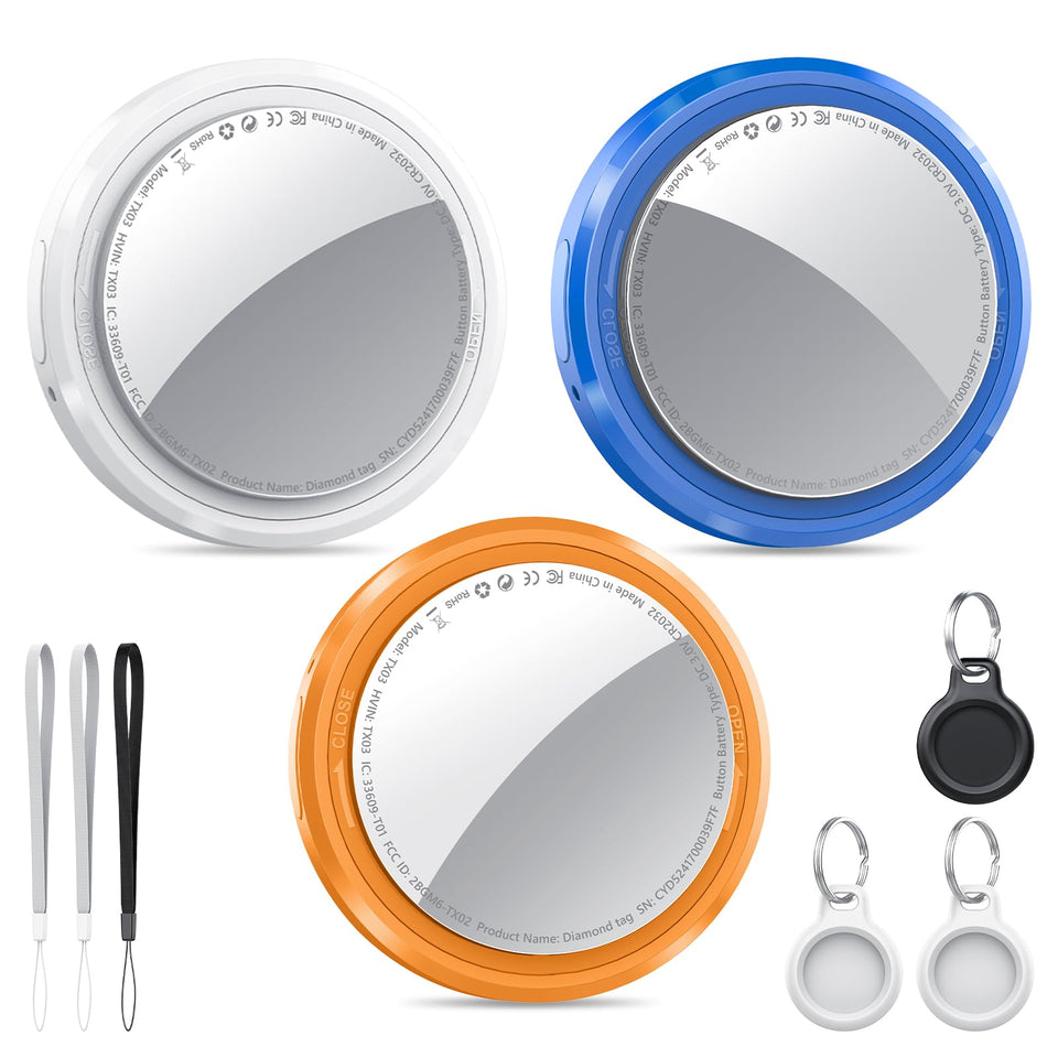 QCOQ tracker tags front view showing three colors and included accessories, easy setup