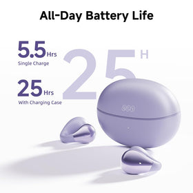 QCY Crossky C30 held in hand for size comparison to show compact, portable earbuds and case