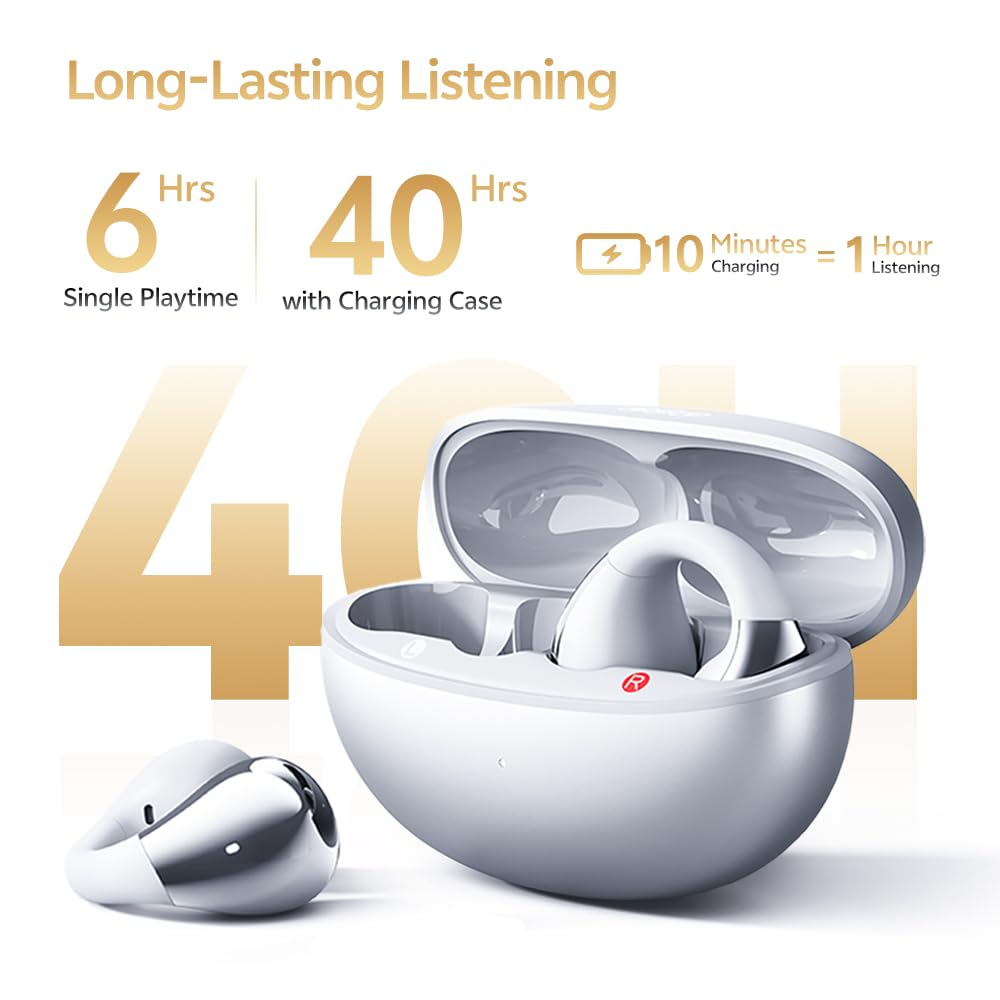 QCY Crossky C30S charging case open showing earbuds, benefit of extended playtime
