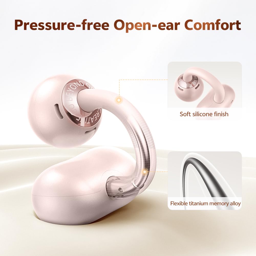 QCY Crossky C50 ear-cuff close-up showing silicone pad and titanium clip for comfort