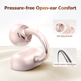 QCY Crossky C50 ear-cuff close-up showing silicone pad and titanium clip for comfort