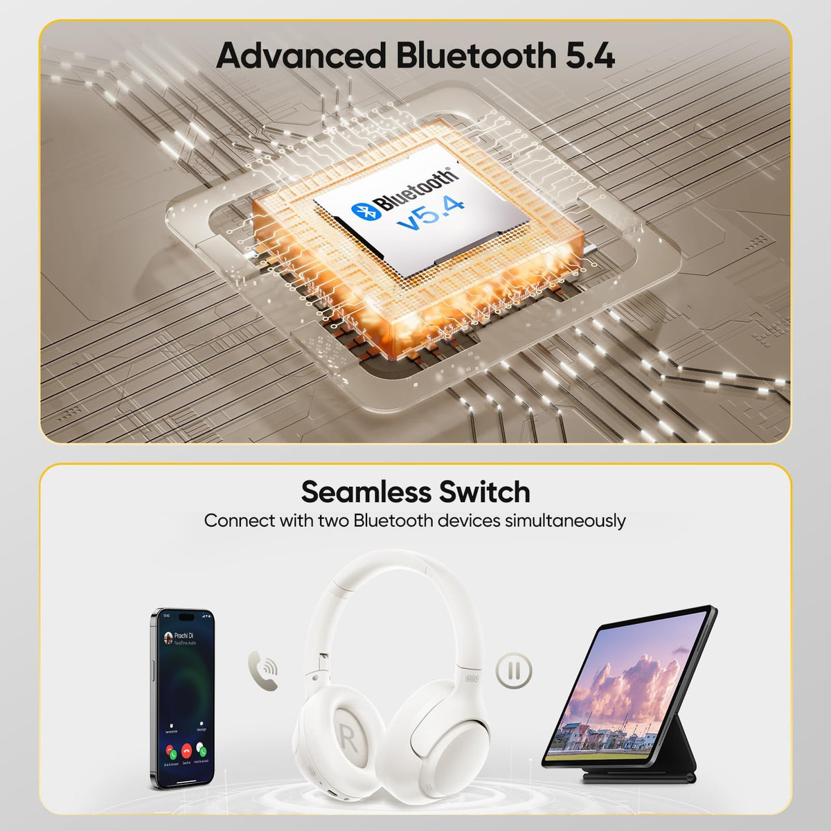 QCY app screen with EQ and ANC modes displaying customizable audio settings