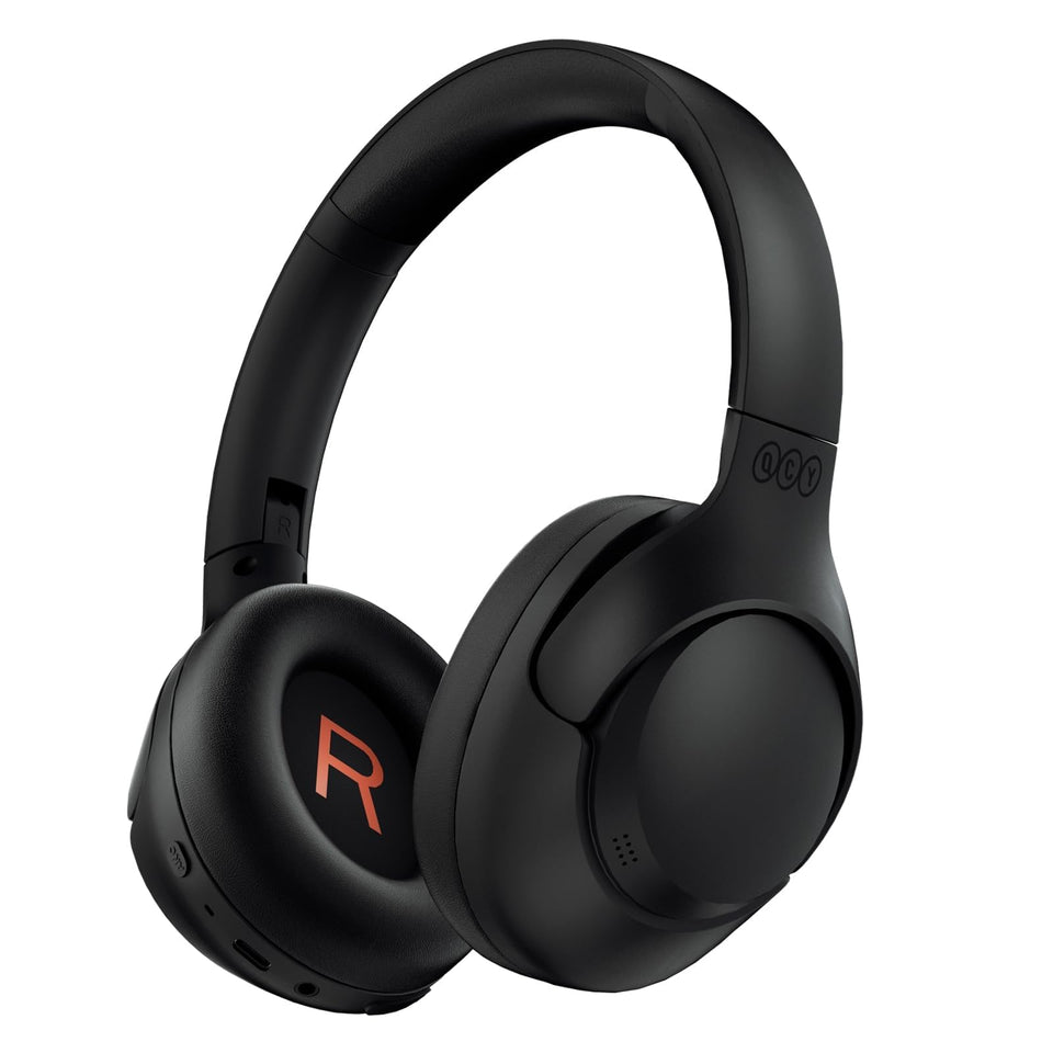 QCY H3 front view showing sleek black design and clear controls for easy use