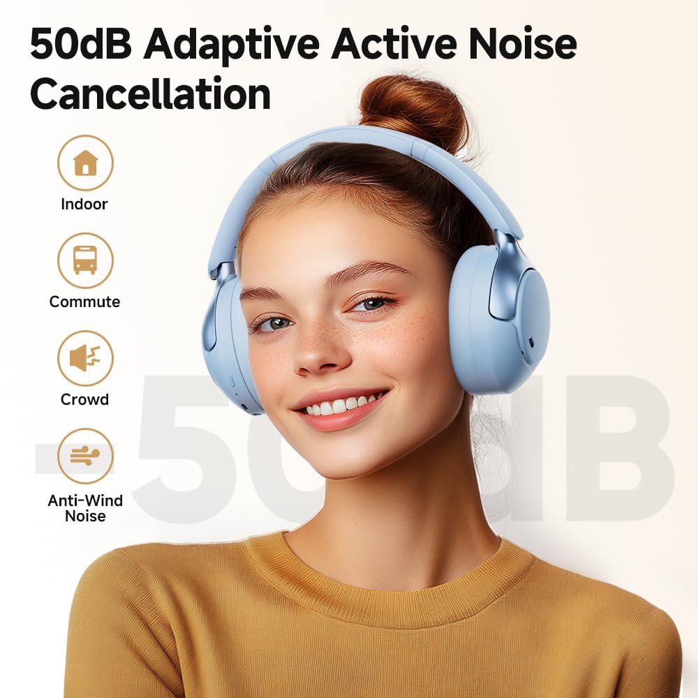 QCY H3 PRO noise cancellation graphic showing 50 dB reduction