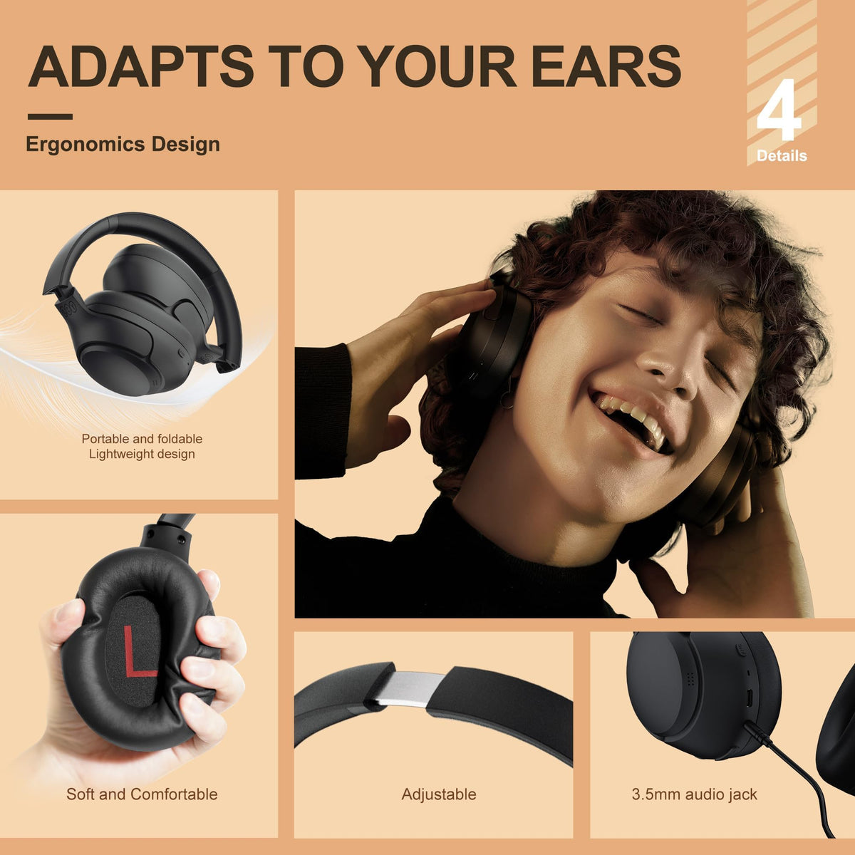 QCY H3 side profile showing 90° swivel ear cup and flexible headband comfort