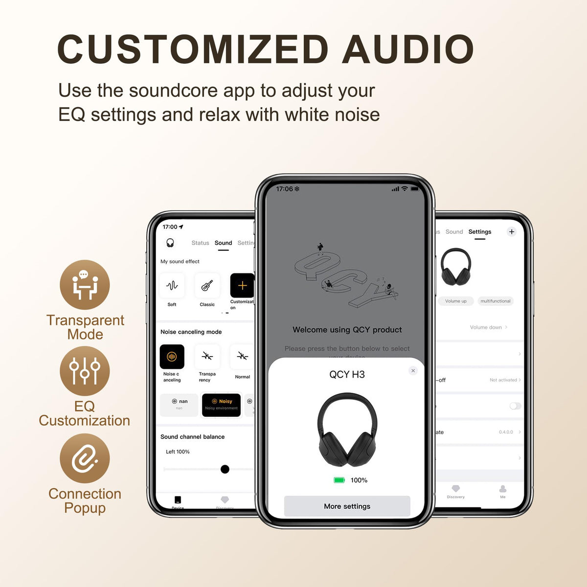 QCY H3 beside smartphone illustrating compact scale and everyday carry convenience