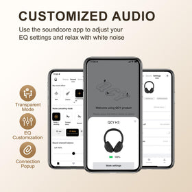 QCY H3 beside smartphone illustrating compact scale and everyday carry convenience