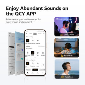 QCY H3S next to smartphone showing compact size and long battery benefit