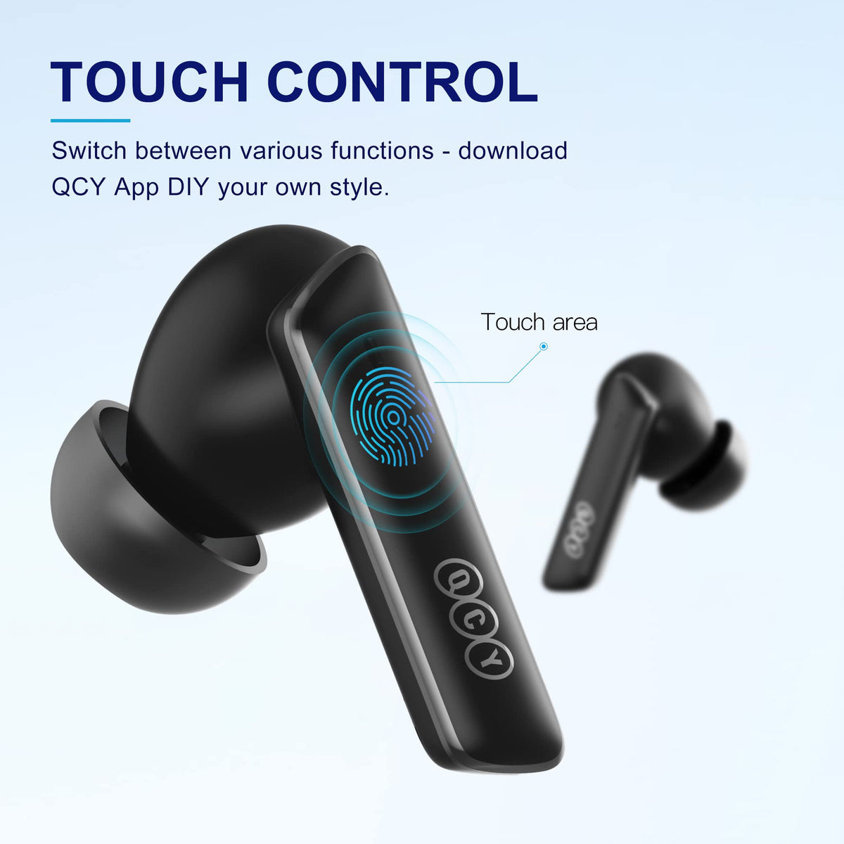 QCY HT05 app EQ screen on phone showing customizable sound personalization