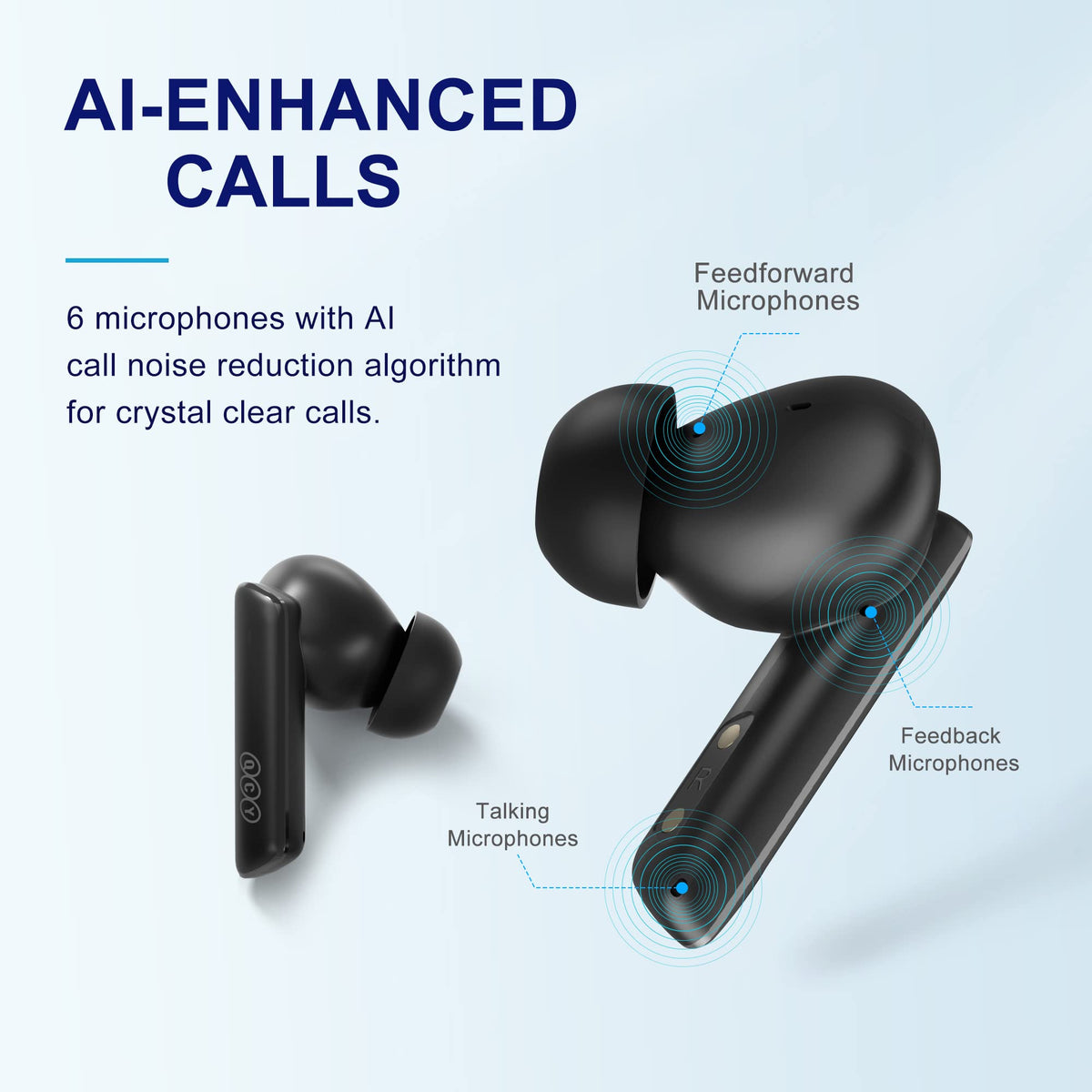 QCY HT05 earbud microphone array detail showing AI call clarity benefit