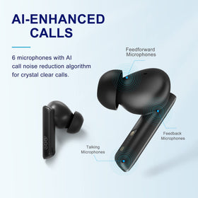 QCY HT05 earbud microphone array detail showing AI call clarity benefit