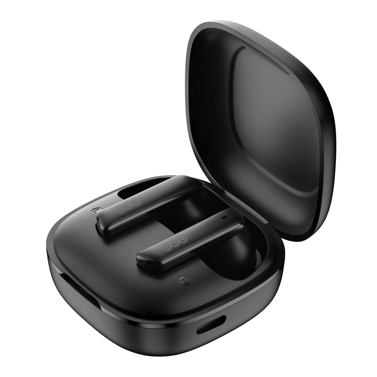 QCY HT05 front view with open charging case showing compact design and convenience