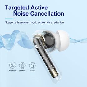 QCY HT05 open charging case revealing earbuds and LED status
