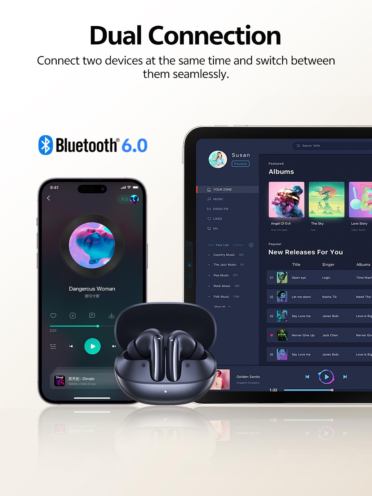 QCY MeloBuds N20 Bluetooth 6.0 enables stable dual-device pairing.