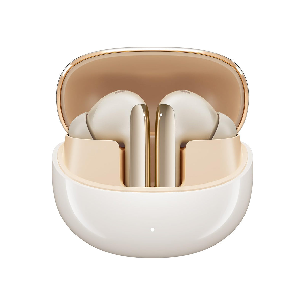 QCY MeloBuds Pro front case open showing earbuds and battery status for easy charging