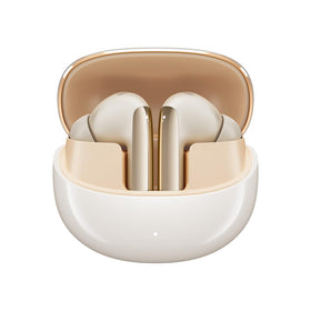 QCY MeloBuds Pro front case open showing earbuds and battery status for easy charging