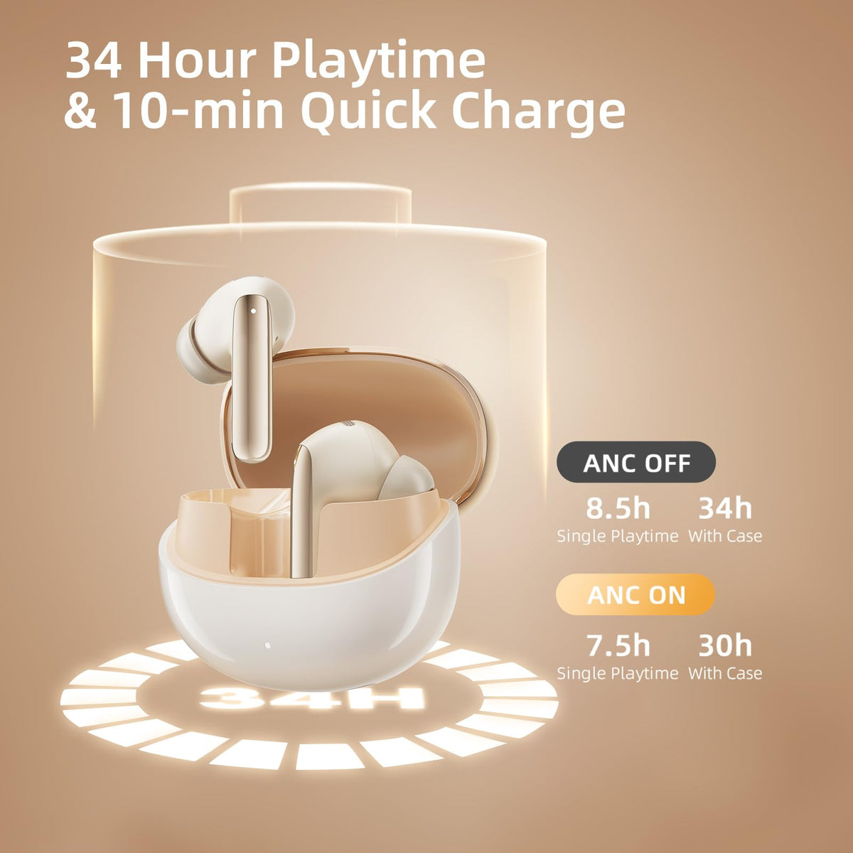 QCY MeloBuds Pro earbud in ear showing in‑ear detection and playback auto‑pause
