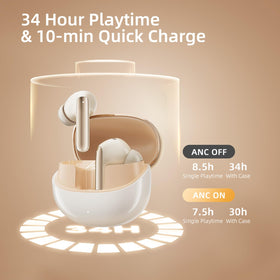QCY MeloBuds Pro earbud in ear showing in‑ear detection and playback auto‑pause