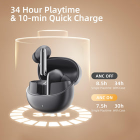 QCY MeloBuds Pro size comparison with phone showing compact portability benefit