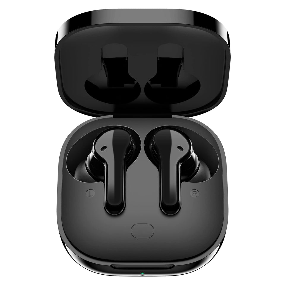 QCY T13 earbuds in black case showing portable charging on the go