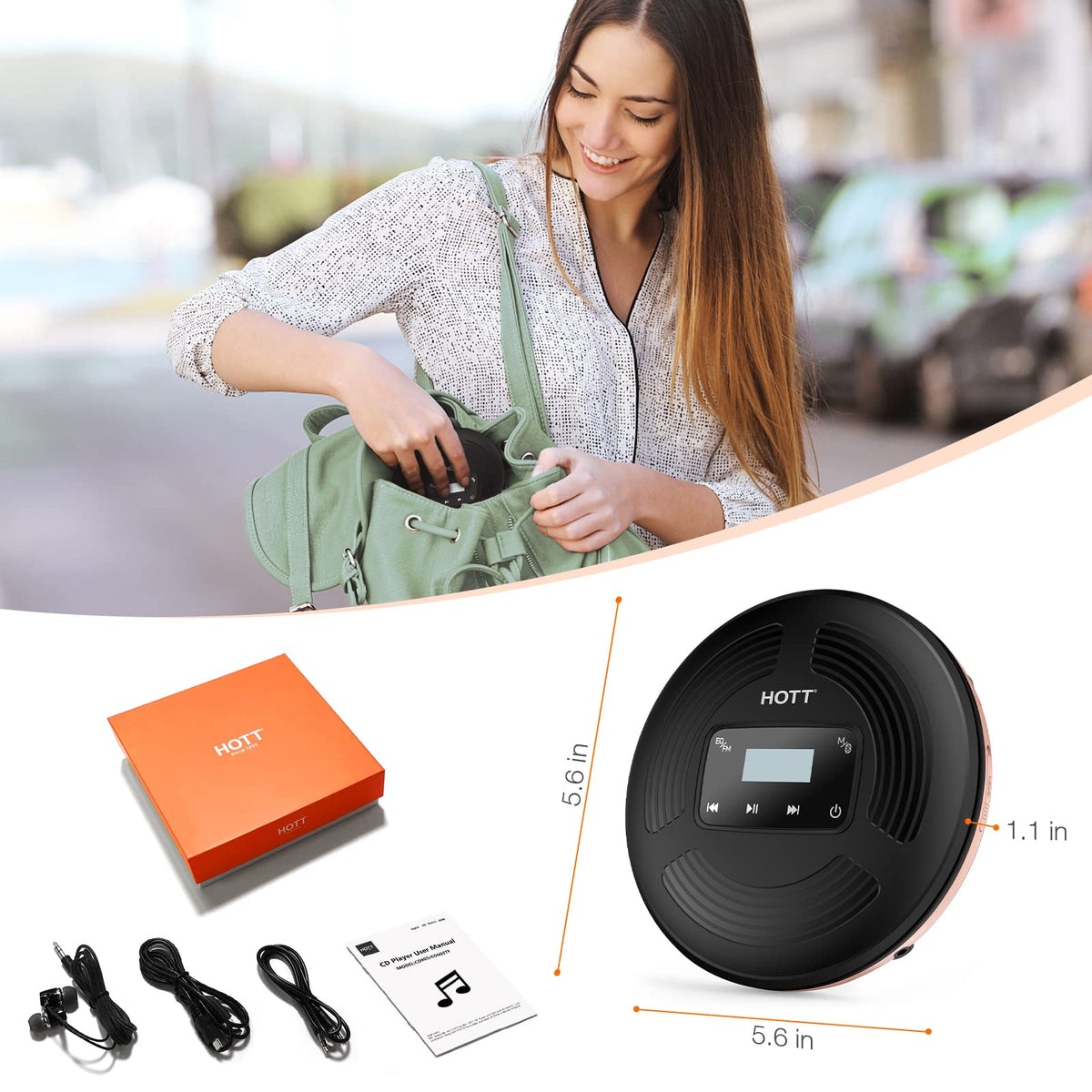 QDZ HOTT portable CD player car compatibility via AUX or FM transmission.