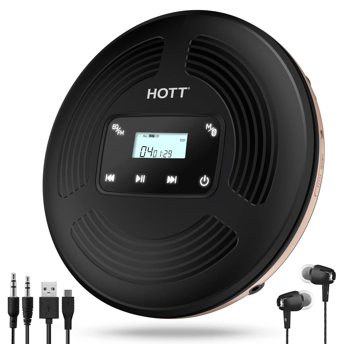 QDZ HOTT portable CD player with FM transmitter enabling car audio connectivity.