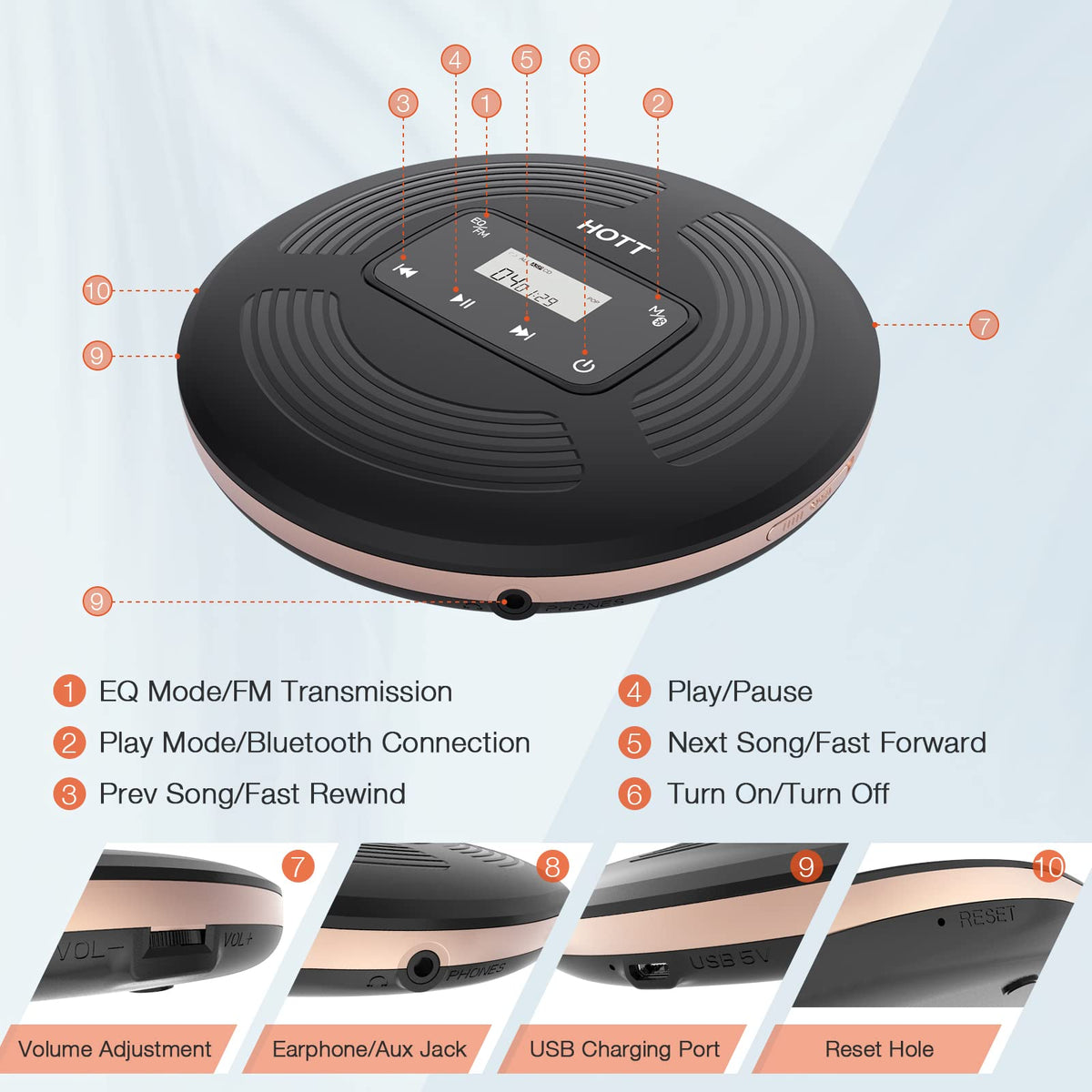 QDZ HOTT portable CD player supports CDs and MP3 formats for versatile listening.